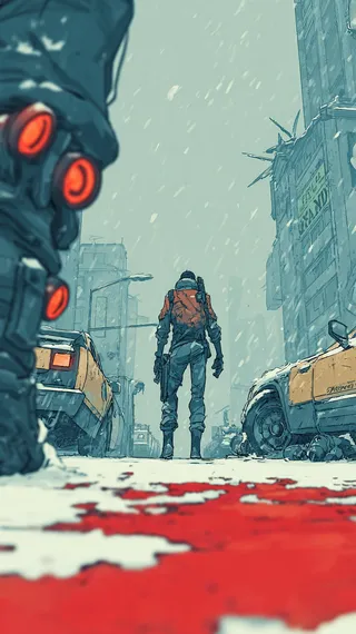 An armed figure stands in the middle of a snowy, abandoned city street with bloodstains on the ground and damaged yellow cars nearby.
