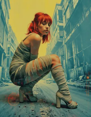 Photorealistic portrait of a young woman with red hair wearing a bandage dress, crouching in an abandoned industrial site under muted lighting and a yellow sky.