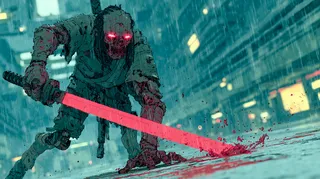 A cyberpunk skeleton warrior with glowing red eyes wields a red laser katana in a rainy futuristic city street, blood splashing on the wet pavement.