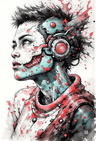 Cyberpunk anime-style portrait of a female cyborg with blue metallic skin, red mechanical headset, and red splatters, rendered in ink and brushstroke style.