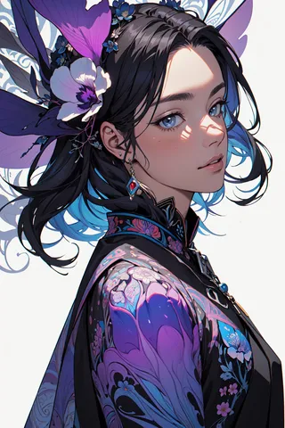 Detailed vector illustration of a woman with black orchid flowers and intricate floral patterns on her clothing, featuring blue eyes and elegant hair accessories.