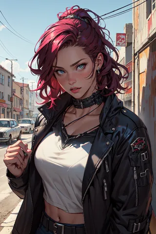 Hyper realistic oil painting of a punk rock girl with pink hair, wearing a Mad Max style black leather jacket and cables on her body, standing in an urban street setting.