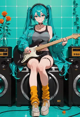Hatsune Miku with long teal twin tails wearing casual clothing, sitting on a washing machine and playing a black electric guitar in a teal tiled laundry room with orange flowers and yellow socks.