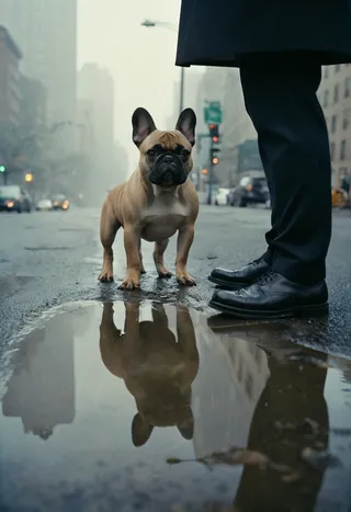 Low angle street photo of a French bulldog standing next to an elegant man's legs with the dog's reflection visible in a puddle on rainy asphalt in foggy New York.