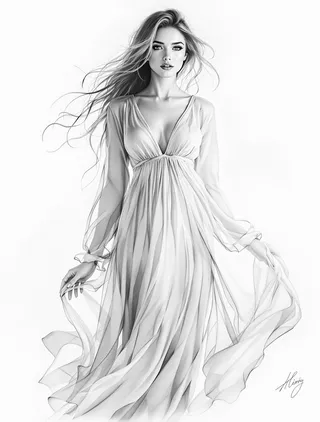 Black and white detailed illustration of a woman in a flowing chiffon maxi dress with v-neckline and sheer long sleeves, her hair swaying with the breeze and captivating eyes.