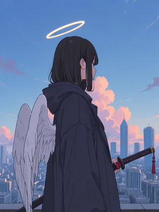Anime-style girl with black hair, angel wings, and a glowing halo holding a katana, standing against a detailed cityscape with skyscrapers under a blue sky with clouds.