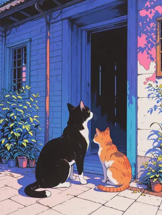 Two cats, one black and white and one orange and white, sitting in a backyard near a blue doorway with potted plants and shadows, painted in anime coloring style with a limited watercolor palette.