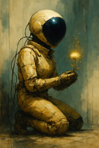 A kneeling androgynous astro-ranger in cream and ochre composite armor with a glossy black helmet visor holds a glowing bioluminescent dandelion, painted in retro-futurist oil style with chiaroscuro lighting.