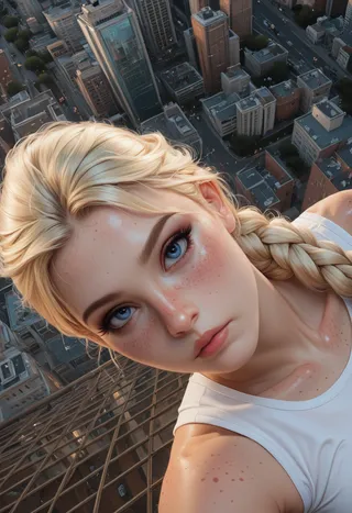 Photo-realistic close-up of a young woman with blonde braided hair, blue eyes, freckles, and a white tank top, looking seriously at the camera from a high vantage point with a cityscape in the background.