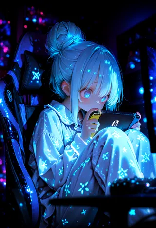 Cute anime girl with light blue hair in pajamas sitting in a gaming chair playing Nintendo Switch at night with vivid blue glowing lighting.