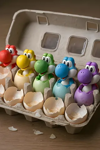 Photorealistic image of a carton with cracked eggs containing colorful Yoshi figurines in red, yellow, green, blue, and purple standing inside the shells.