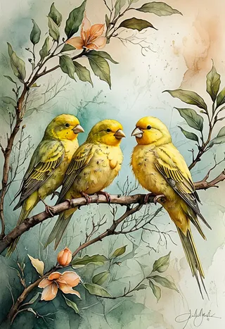 Watercolor painting of three yellow canaries perched on a leafy branch, featuring soft sfumato effects and a light grunge texture with a natural color palette.