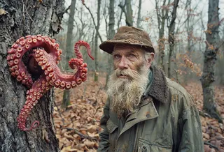 Photorealistic image of an old man with a long, gnarled beard and red tentacles emerging from his mouth in an autumn forest with muted earth tones and dramatic chiaroscuro lighting.