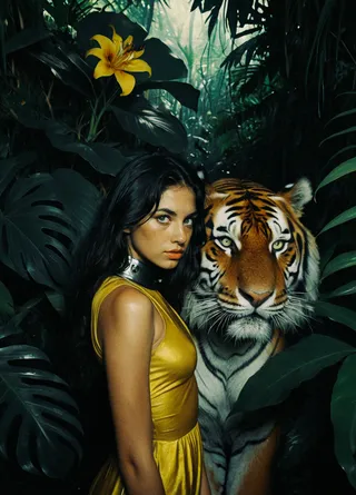 Dark haired girl in a yellow high-fashion dress standing confidently next to a large proud tiger amidst lush jungle foliage with deep shadows and natural lighting.