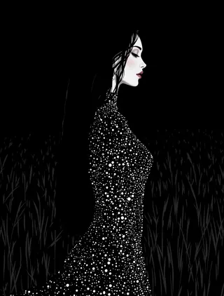 Minimalist black and white side profile portrait of a woman in a sequined dress, standing against a dark grass field under a night sky with dramatic lighting.