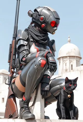 A photorealistic digital illustration of a female futuristic soldier in sleek robotic armor with red visor and glowing red eyes, crouching next to a black cat with red eyes and a bell collar, in front of a white domed building under a clear sky.