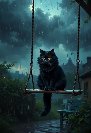 A fluffy black cat with yellow eyes sitting on a wooden swing in the rain at night, surrounded by dark stormy clouds and a moody garden background.