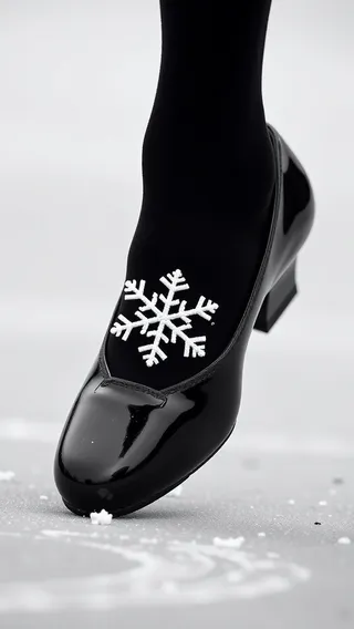A perfectly formed white snowflake resting delicately on a glossy black dance shoe, worn with black stockings, capturing a poetic moment before a spin.