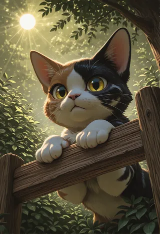Close-up of a split-color tabby cat with yellow eyes and whiskers peeking over a wooden fence surrounded by greenery lit by sunlight.