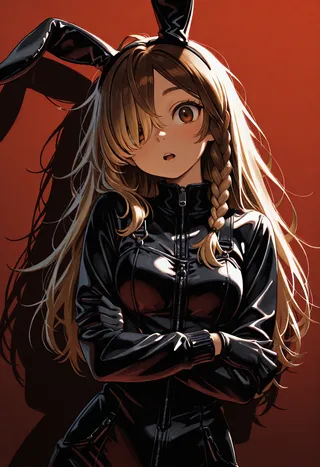 Young woman with blonde braided hair, brown eyes, and bunny ears wearing black gloves and a black zipped dress posing playfully against a red background with dynamic lighting.
