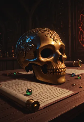 Detailed close-up of an ornate gold skull resting on a wooden table surrounded by colorful gems, ancient scrolls, and magical alchemy room elements.