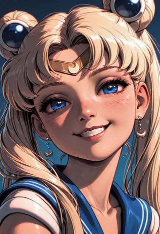 Portrait of Sailor Moon Tsukino Usagi with blonde hair, blue eyes, crescent moon accessories, smiling against an abstract gradient background with volumetric lighting.