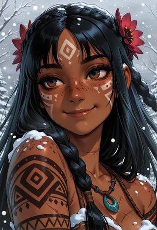 Portrait of a tribal woman with dark skin and black braided hair adorned with red flowers, detailed face paint, freckles, and tribal tattoos, smiling amid snowflakes.