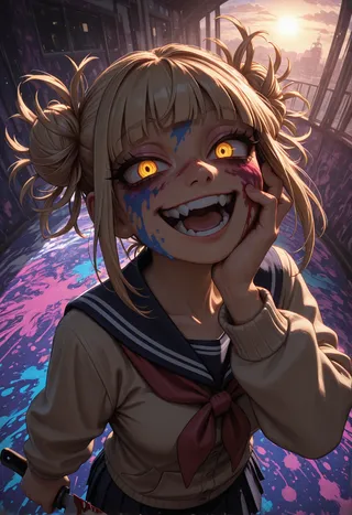 Close-up of Toga Himiko anime girl with crazy yellow eyes, open mouth smile, paint splattered face, holding a knife, wearing a school uniform in psychedelic colorful surroundings.