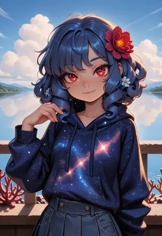 Close-up of a girl with denim blue voluminous curls, ruby red eyes, wearing a starry print hoodie and pleated skirt, with coral and white flowers in her hair, smiling gently by a lake city under cloudy sky.