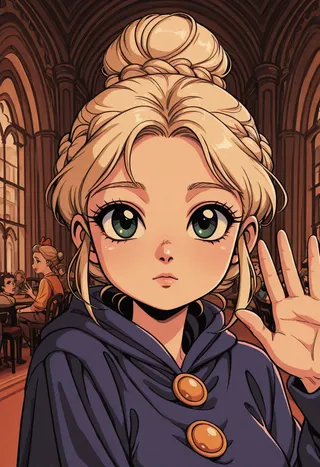 Close-up of an anime girl with ash blonde hair styled in a french braid and a bun, with dark green eyes, wearing a traditional costume and waving indoors in a retro-colored setting.