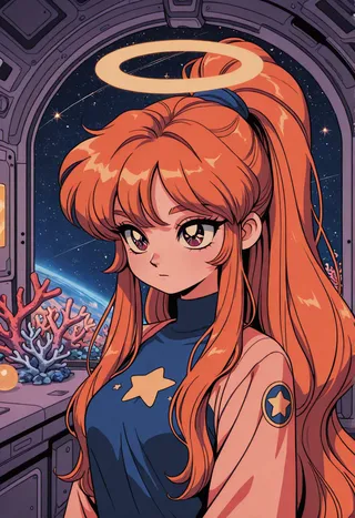 Retro anime-style female character with long auburn hair and coral tips, wearing star costume and halo light, set against a space background viewed from inside a spacecraft.