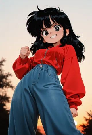 Retro anime-style girl with big eyes and black hair, wearing a red jacket and baggy blue jeans, posing dynamically with a fist raised against a sunset background.