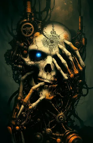 A humanoid skull with a glowing blue eye, detailed black tattoos on the forehead, and skeletal mechanical hands partially covering the face, set in a dark industrial environment with gears and mechanical parts.
