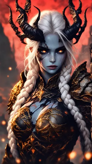 A dark fantasy female warrior with bluish skin, glowing orange eyes, black twisted horns, long white braided hair, and black and gold armored battle gear under a crimson sky.