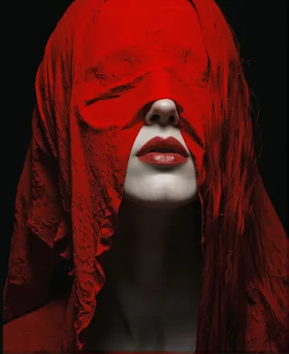 Close-up of a pale woman with long red hair and glossy red lipstick, her eyes covered by a textured red cloth against a dark background.