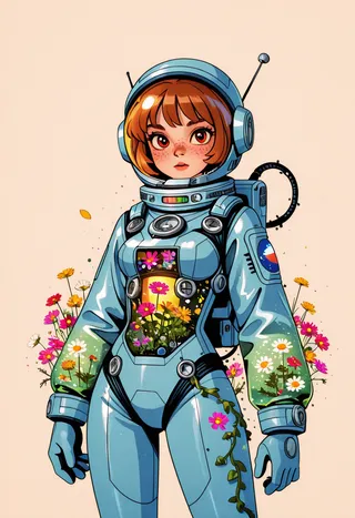 Illustration of a cute female astronaut with large expressive eyes and freckles, wearing a vintage detailed space suit adorned with colorful flowers growing on and inside the suit, blending cartoonish proportions with painterly realism against a soft beige background.