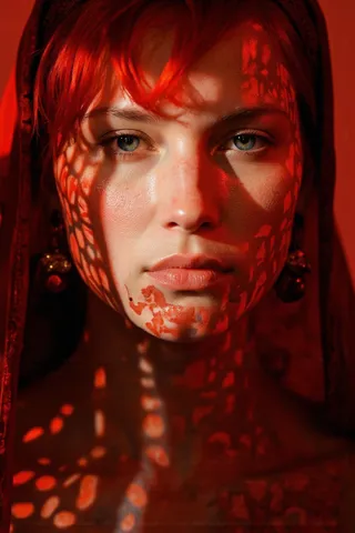 Close-up photo-realistic portrait of a woman with blue eyes and red hair, intricate light patterns on her face, illuminated by warm red light, wearing a red headscarf.
