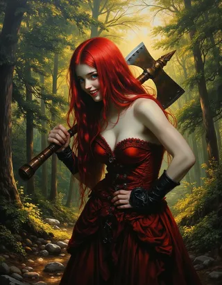 Close-up of a muscular female vampire warrior with vibrant red hair, blue eyes, and red corset dress, holding a large axe over her shoulder in a sunlit forest.