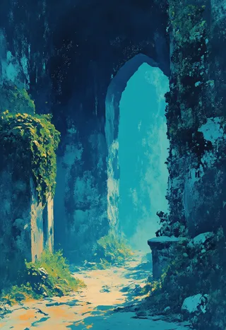 Ancient stone dungeon hallway illuminated by moss and shimmering blue bioluminescence with scattered stones and overgrown plants under a surreal cool-toned atmosphere.