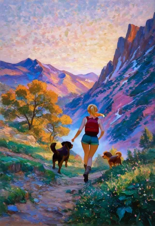 Oil painting of a woman hiking on a mountain trail with two brown dogs at golden hour, surrounded by vibrant trees and colorful mountains.