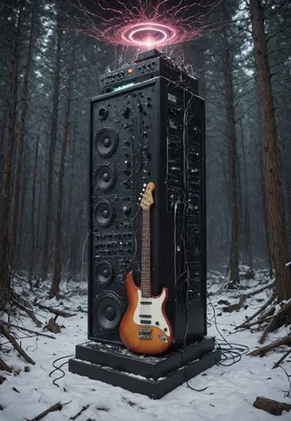 Stacked black amplifier system in a snowy forest with an electric guitar leaning on it and a glowing Tesla coil energy effect emitting from the top.