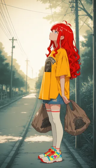 Young girl with long red hair wearing an oversized yellow t-shirt and denim skirt, standing on a countryside street holding bags, with utility poles and trees in the background under summer sunlight.