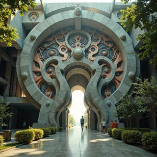 Entrance to a brutalist monument featuring an ornate, circular concrete structure with intricate mechanical patterns and surrounding greenery on a sunny day.