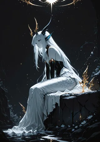 A white-haired girl with four golden horns and fish-like ears sits on a dark stone block, wearing a flowing white dress with black and gold details against a starry night sky.