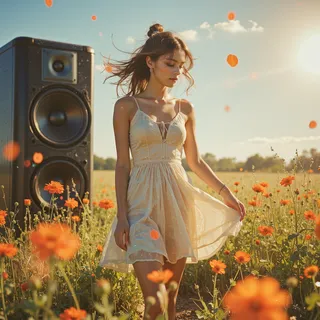 A young woman in a light sundress twirling in a vibrant flower field next to a large acoustic speaker under warm sunlight with floating flower petals.