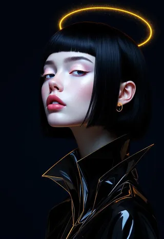 Close-up portrait of a young woman with moon-pale skin and jet black asymmetrical bob, wearing a sculptural metallic origami collar and a glowing digital halo against a dark background.