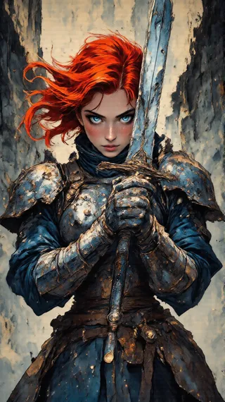 A fierce warrior princess with vibrant red hair and piercing blue eyes stands in heavy plate armor gripping a weathered greatsword, against a muted parchment-like background.