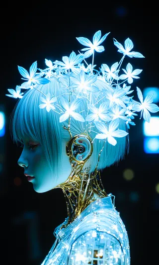 Profile view of a slender android with short silvery hair and glowing blue flowers sprouting from its head, surrounded by a golden and metallic neck structure