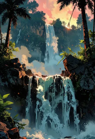 A large, rapidly flowing waterfall cascades down rocky cliffs surrounded by tall trees with buttress roots in a tropical rainforest during sunset, illuminated by soft lighting and dynamic highlights.