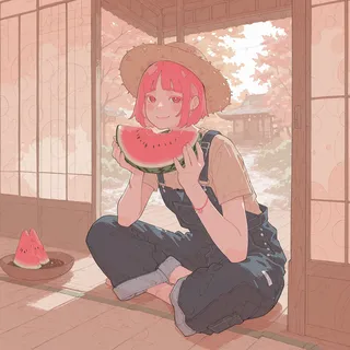 A pink-haired girl with a straw hat and denim overalls sitting in a Japanese-style room, smiling while holding a slice of watermelon, surrounded by warm natural light and summer ambiance.